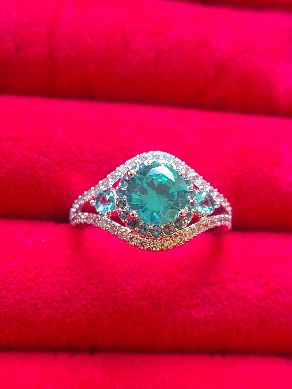 Teal Halo Split-Shank Ring with Pavé Accents